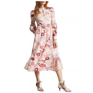 Ted Baker Denissa Linen Floral Midi Dress Pink Lace Cut Out Bishop Sleeve US 6